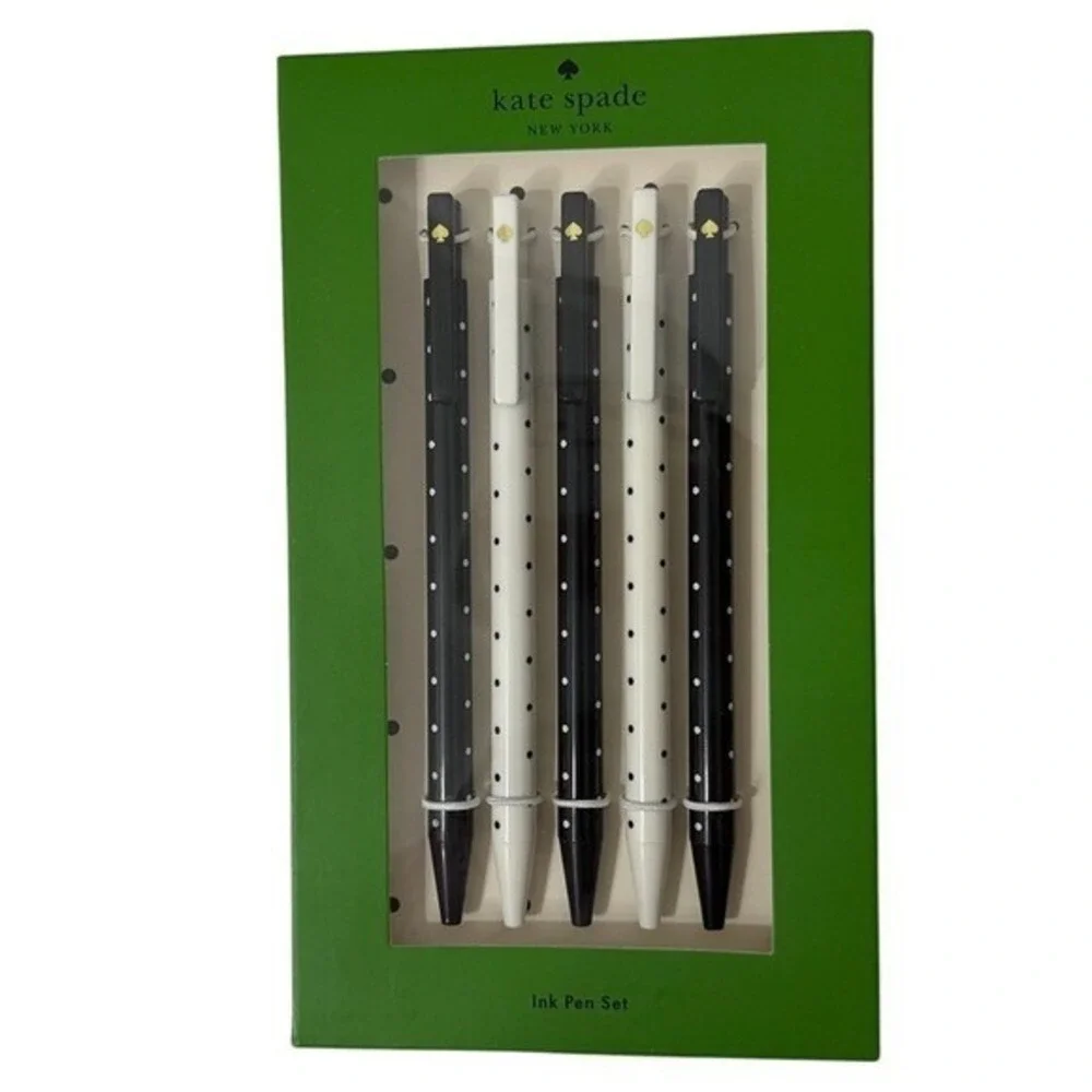 Kate‎ Spade New York Ink Pen Set 5 Pack Black White Polka Dot Gold  Logo NIB